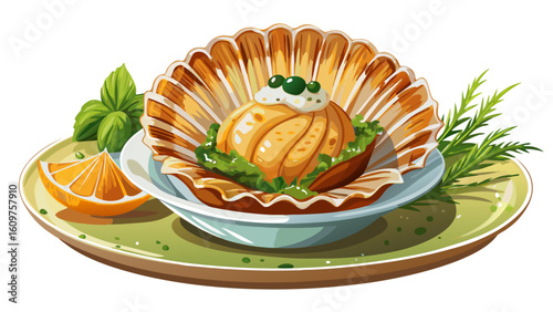 very Beautiful Fried Scallop Delicacy with Seared Herb-infused Luxury Sauce white background