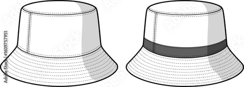 Bucket hat front and side view, fashion accessory, sewing pattern, CAD template, flat sketch, vector illustration, hat design, apparel drawing
