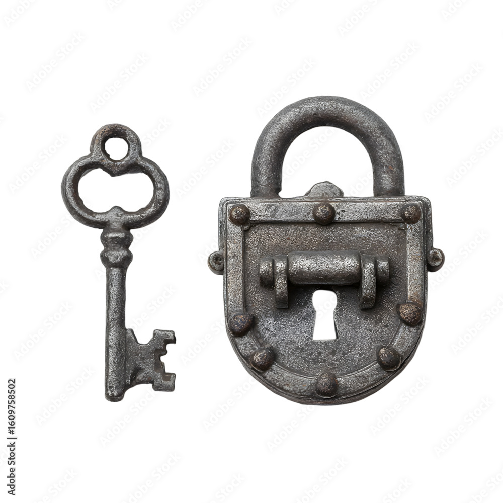 Antique ornate metal padlock and skeleton key for security and access isolated on transparent background Antique ornate metal padlock and skeleton key for security and access isolated on transparent background