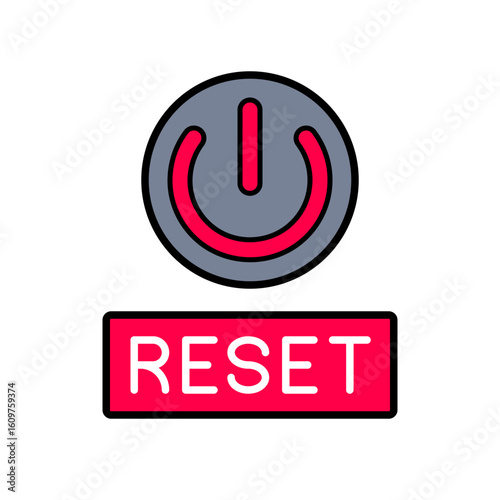 Bold Reset Button Icon with Power Symbol and Red Label Background