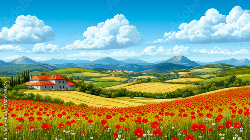 A serene European countryside panorama showcasing a vibrant red poppy field, rolling green hills, a charming farmhouse, and distant blue mountains under a bright summer sky, suitable for tranquil wal