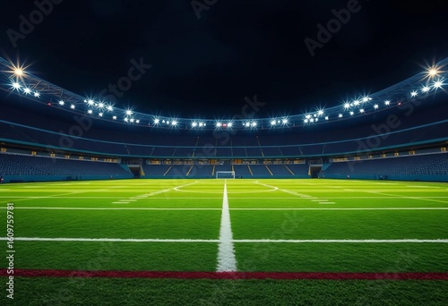 Night game, stadium lights illuminate empty football field, gridiron, event