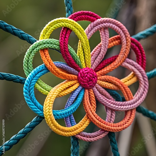 Isolated marine rope with a red knot on a blue background