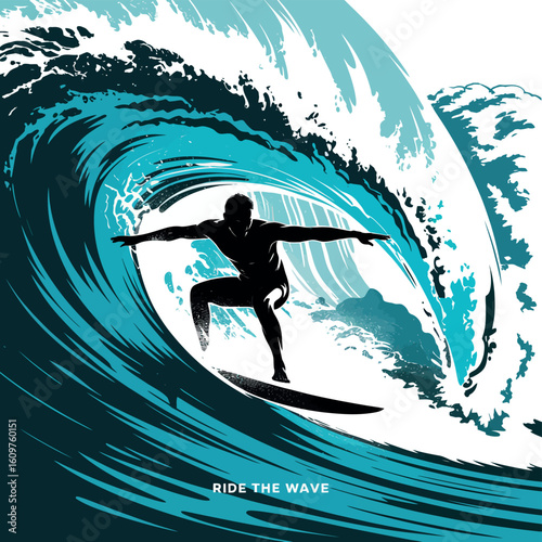 Dynamic Surfer Silhouette Riding a Powerful Wave Illustration with Bold Lines and Vibrant Teal Accents for Extreme Sports