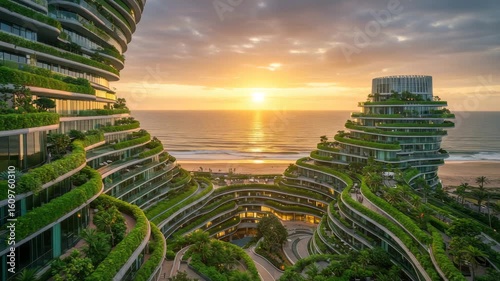 Sunrise unveils stunning green designs by the peaceful ocean, highlighting sustainable living