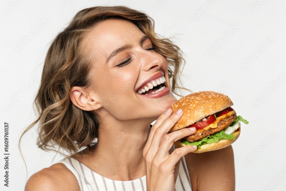 A happy woman is holding a burger, and she is about to eat it with a smile A happy woman is holding a burger, and she is about to eat it with a smile