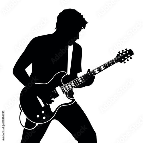 Guitarist Silhouette Playing Electric Guitar on Stage Black and White Vector Illustration for Concert and Performance Designs