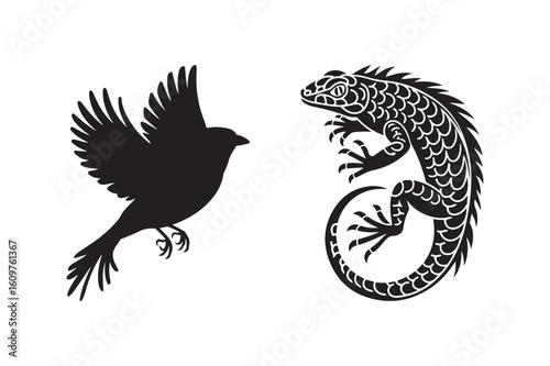 Silhouette of a flying bird and a detailed iguana on a white background