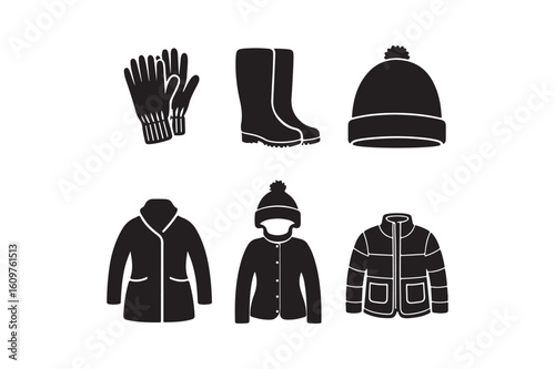 Collection of winter clothing and accessories icons for cold weather protection
