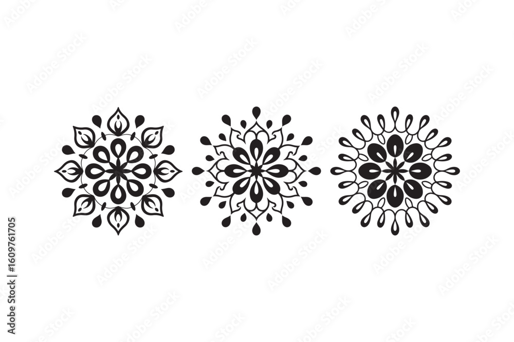 Obraz premium Three symmetrical floral mandala designs in black and white