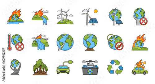 Vector Icons Set of A collection of colorful cartoon icons depicting environmental issues and green energy solutions. EPS Editable