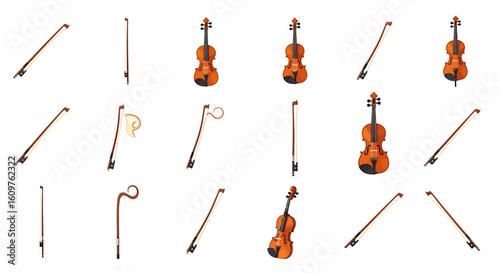 Vector Icons Set of A collection of classic wooden violins and bows from various angles Set of stringed musical instruments with stylized and traditional designs. EPS Editable