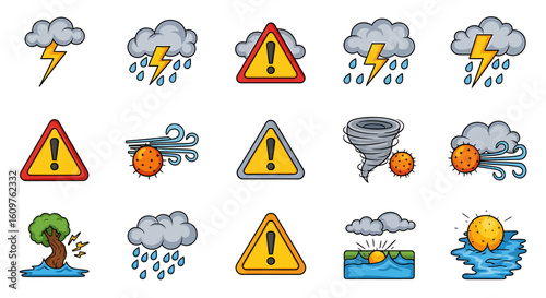 Vector Icons Set of A collection of colorful cartoon icons depicting weather phenomena natural disasters and hazard warning signs. EPS Editable