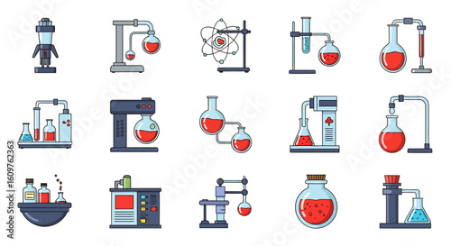 Vector Icons Set of A collection of colorful flat design icons depicting various scientific laboratory equipment and chemical experiments. EPS Editable