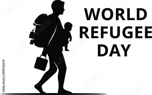 Vector art of a silhouette of a father carrying a child on world refugee day isolated on white background symbolizes the plight of displaced people