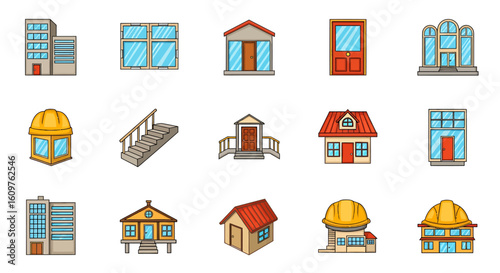 Vector Icons Set of A colorful cartoon collection of various building icons including houses offices doors stairs and construction elements. EPS Editable