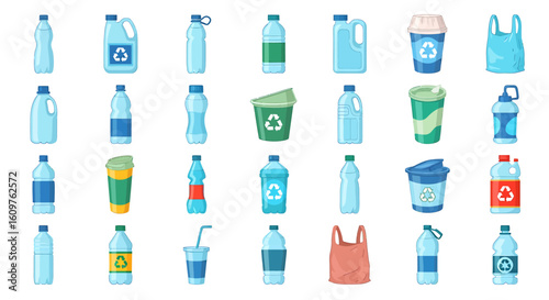 Vector Icons Set of A colorful cartoon collection of various plastic waste items including bottles jugs and bags all marked for recycling. EPS Editable