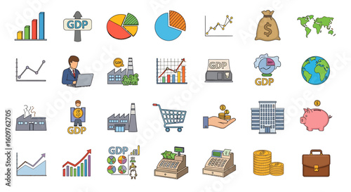 Vector Icons Set of A colorful cartoonstyle icon set illustrating concepts of economics finance business and Gross Domestic Product GDP with charts money and industry symbols. EPS Editable
