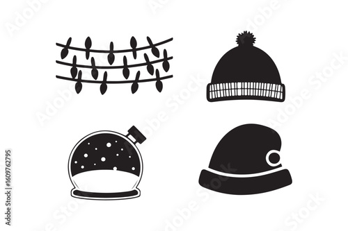 Winter hats and string lights in a simple black and white doodle style