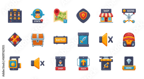 Vector Icons Set of A colorful collection of cartoon video game UI icons for mobile and web applications featuring various game elements like stats map shop and battle buttons. EPS Editable
