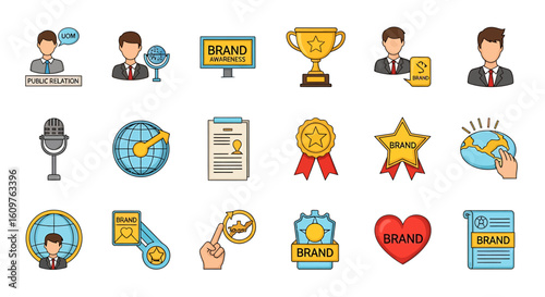 Vector Icons Set of A colorful collection of flat design icons representing brand management public relations marketing and business concepts. EPS Editable