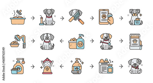 Vector Icons Set of A colorful collection of pet care and dog grooming line icons The set includes a cute puppy shampoo brush food and other veterinary and salon service symbols. EPS Editable