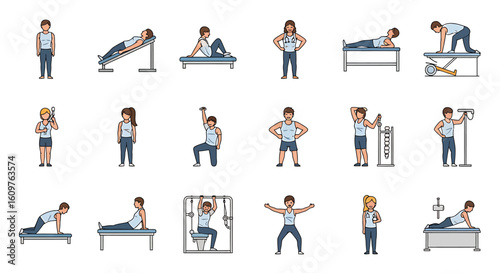Vector Icons Set of A colorful icon set of people performing physical therapy rehabilitation exercises and workout routines using various equipment. EPS Editable