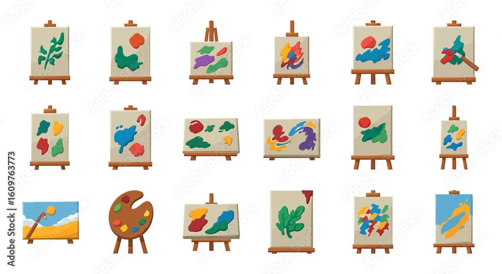 Fototapeta premium Vector Icons Set of A diverse collection of cartoon artist easels each with a canvas featuring colorful abstract paintings and modern art. EPS Editable