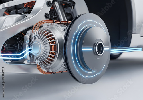 Electric vehicle motor and wheel assembly, showcasing intricate wiring and components.
