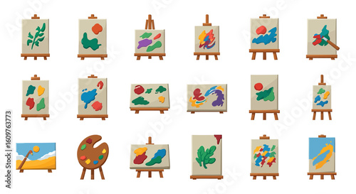 Vector Icons Set of A diverse collection of cartoon artist easels each with a canvas featuring colorful abstract paintings and modern art. EPS Editable