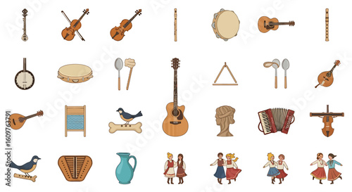 Vector Icons Set of A diverse collection of cartoon icons representing folk music instruments and cultural traditions. EPS Editable