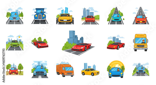 Vector Icons Set of A diverse collection of cartoon cars and trucks with drivers featuring vintage modern and sports models. EPS Editable
