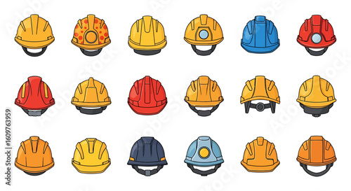 Vector Icons Set of A diverse collection of colorful construction safety helmets featuring various designs headlamps and straps in a bold cartoon illustration style. EPS Editable