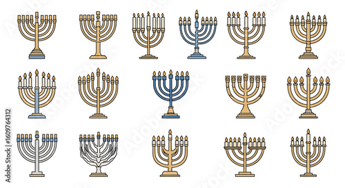 Vector Icons Set of A diverse collection of Hanukkah menorah icons in a flat outlined style Various gold and blue designs with lit candles for the Jewish holiday. EPS Editable