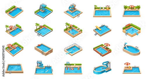 Vector Icons Set of A diverse collection of isometric cartoon swimming pools with slides diving boards and summer accessories. EPS Editable