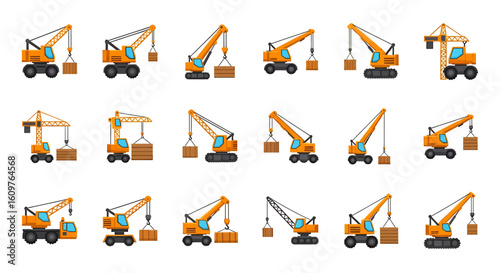 Vector Icons Set of A diverse collection of orange construction cranes featuring mobile and crawler types lifting wooden cargo boxes in a flat vector style. EPS Editable