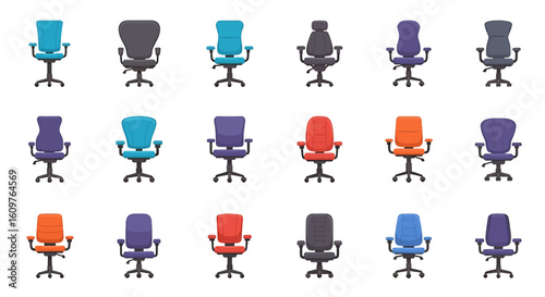 Vector Icons Set of A diverse collection of modern ergonomic office chairs featuring various colors styles and adjustable designs with wheels. EPS Editable