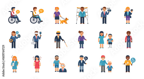 Vector Icons Set of A diverse set of flat vector icons showing people with various disabilities including physical sensory and mental health conditions promoting inclusion and acce. EPS Editable