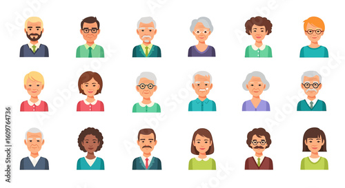 Vector Icons Set of A diverse set of flat vector avatars featuring portraits of men and women of different ages and ethnicities. EPS Editable