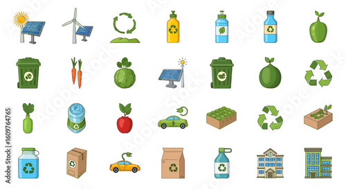 Vector Icons Set of A large collection of colorful cartoon icons representing ecology sustainability and recycling themes including solar panels electric cars and organic food illu. EPS Editable
