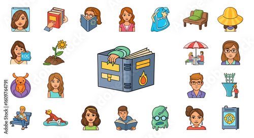 Vector Icons Set of A magical blue spellbook with a flame symbol from which a monsters hand with sharp claws emerges. EPS Editable