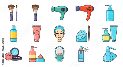 Vector Icons Set of A vibrant collection of cartoonstyle icons representing beauty makeup and personal care items like brushes lotions and hairdryers. EPS Editable
