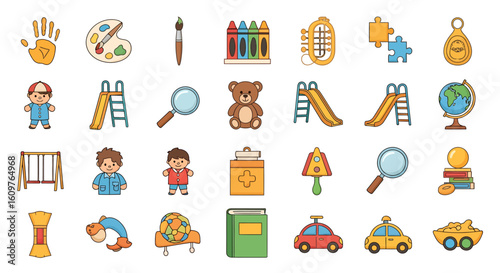 Vector Icons Set of A vibrant collection of colorful cartoon icons representing childhood toys early education and playground activities. EPS Editable