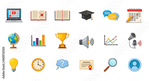 Vector Icons Set of A vibrant set of colorful cartoon icons representing online education elearning and academic achievement. Vector Illustrations. EPS Editable