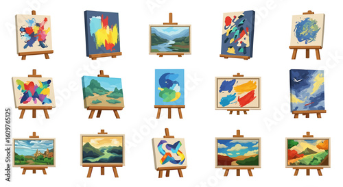 Vector Icons Set of Artistic set of colorful paintings on wooden easels showcasing abstract and landscape styles. Vector Illustrations. EPS Editable
