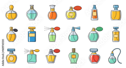 Vector Icons Set of Assortment of colorful perfume bottles in various glass shapes featuring spray nozzles and vintage atomizers. Vector Illustrations. EPS Editable