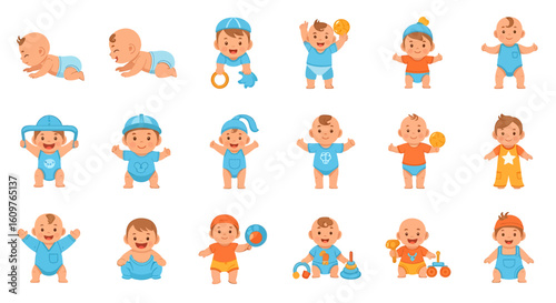 Vector Icons Set of Adorable cartoon baby boy character set showing developmental stages like crawling sitting and standing with happy expressions and various outfits. EPS Editable