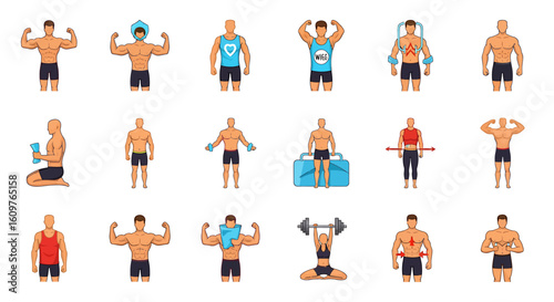 Vector Icons Set of Bodybuilding and fitness cartoon icon set with muscular characters flexing training and exercising. Vector Illustrations. EPS Editable
