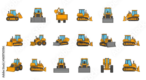 Vector Icons Set of Cartoon bulldozer and construction vehicle icon set Yellow earthmovers with tracks and wheels from front side and back views. Vector Illustrations. EPS Editable