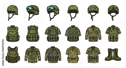 Vector Icons Set of Cartoon collection of military combat gear including camouflage helmets body armor vests jackets and boots. Vector Illustrations. EPS Editable
